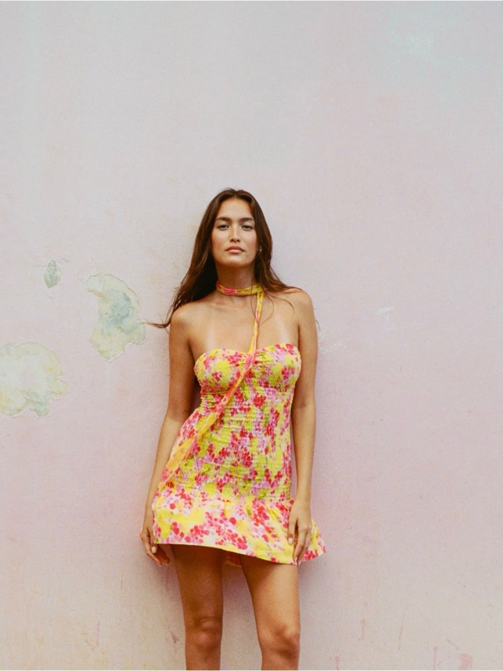 Indah BNWT XS, S, M Floral Strapless Mini Dress in Yellow and Pink
